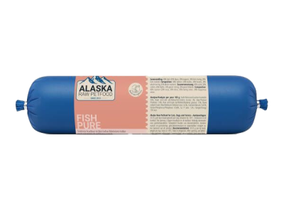 Eine kleine Frostfleischrolle mit orangefarbenem Etikett und der Aufschrift „Lam/Vis“. Verpackt in einem grauen Kunstdarm. Die Füllung ist nicht sichtbar.